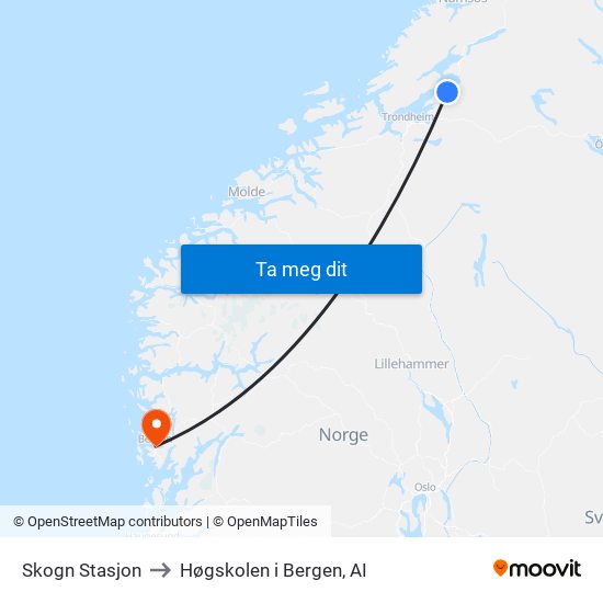 Skogn Stasjon to Høgskolen i Bergen, AI map