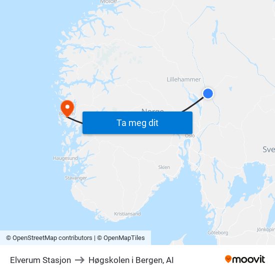 Elverum Stasjon to Høgskolen i Bergen, AI map