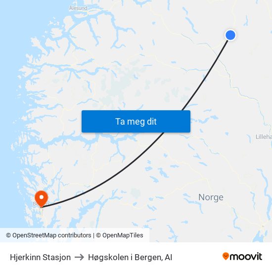 Hjerkinn Stasjon to Høgskolen i Bergen, AI map
