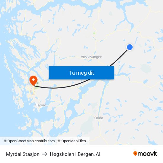 Myrdal Stasjon to Høgskolen i Bergen, AI map