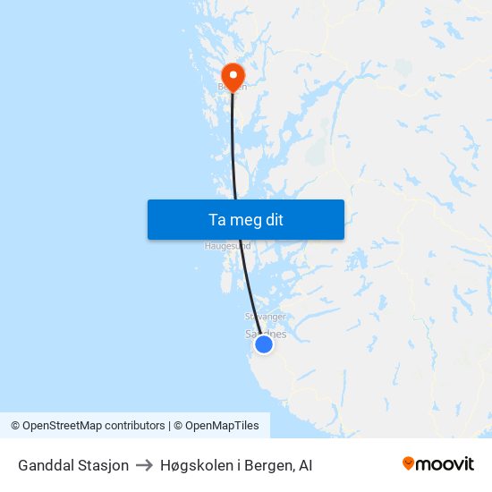 Ganddal Stasjon to Høgskolen i Bergen, AI map