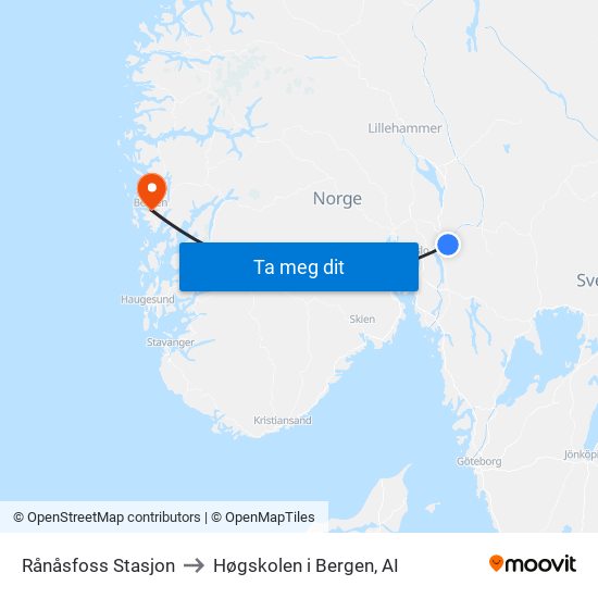 Rånåsfoss Stasjon to Høgskolen i Bergen, AI map