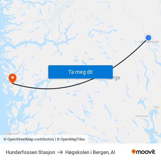 Hunderfossen Stasjon to Høgskolen i Bergen, AI map