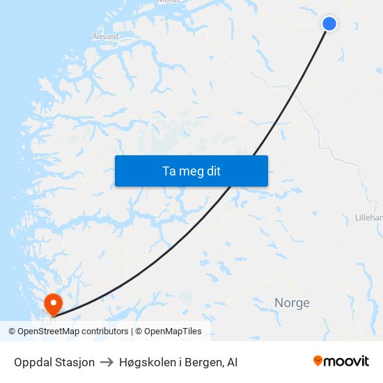 Oppdal Stasjon to Høgskolen i Bergen, AI map