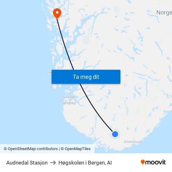 Audnedal Stasjon to Høgskolen i Bergen, AI map