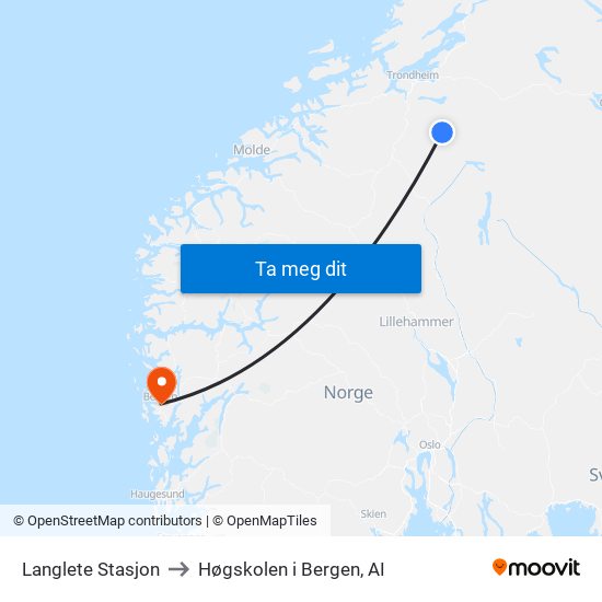 Langlete Stasjon to Høgskolen i Bergen, AI map