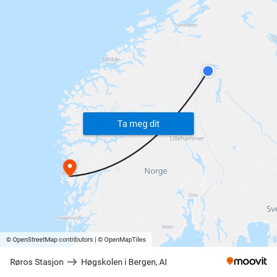 Røros Stasjon to Høgskolen i Bergen, AI map