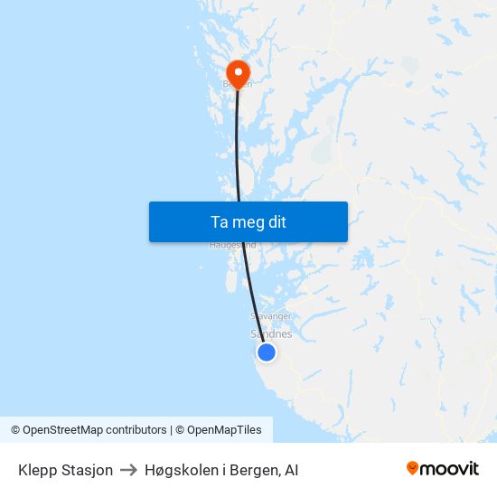 Klepp Stasjon to Høgskolen i Bergen, AI map
