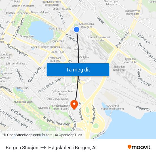 Bergen Stasjon to Høgskolen i Bergen, AI map