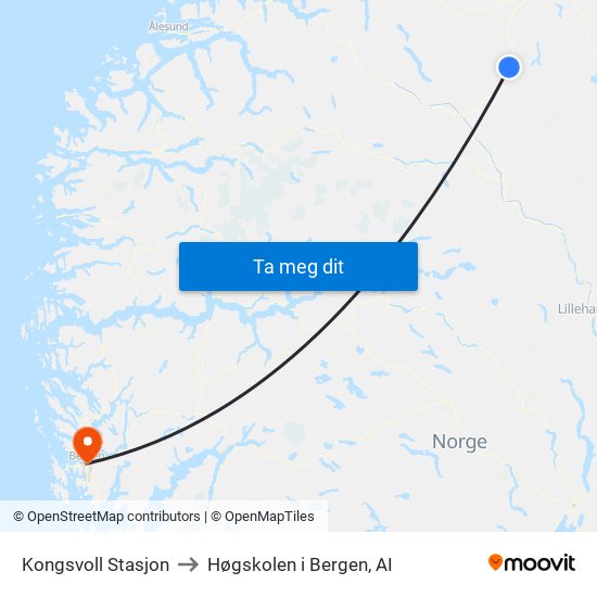 Kongsvoll Stasjon to Høgskolen i Bergen, AI map