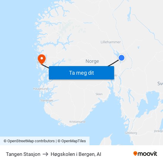 Tangen Stasjon to Høgskolen i Bergen, AI map