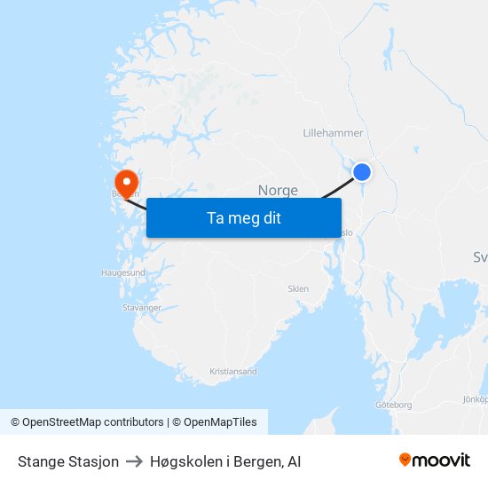 Stange Stasjon to Høgskolen i Bergen, AI map