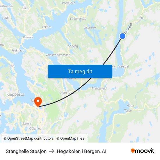 Stanghelle Stasjon to Høgskolen i Bergen, AI map