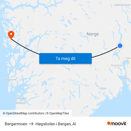 Bergermoen to Høgskolen i Bergen, AI map