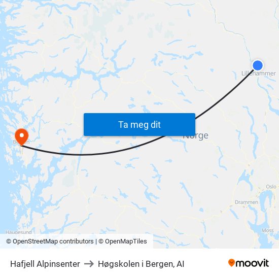 Hafjell Alpinsenter to Høgskolen i Bergen, AI map