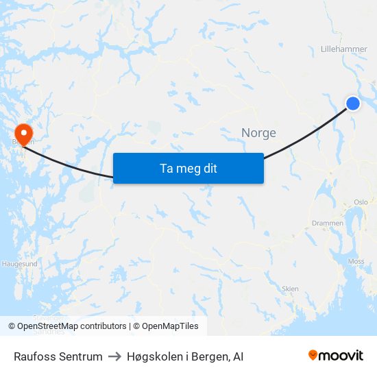 Raufoss Sentrum to Høgskolen i Bergen, AI map