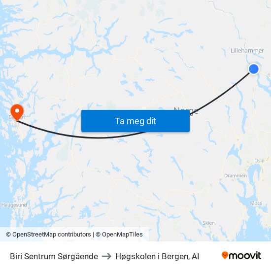 Biri Sentrum Sørgående to Høgskolen i Bergen, AI map