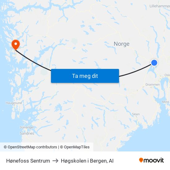Hønefoss Sentrum to Høgskolen i Bergen, AI map