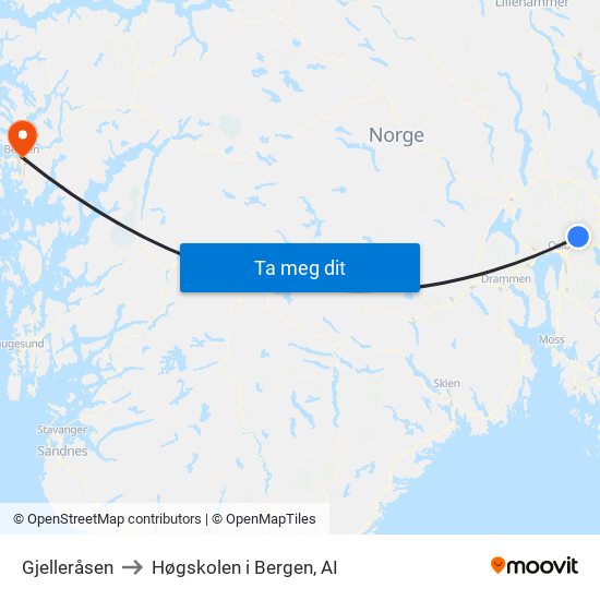 Gjelleråsen to Høgskolen i Bergen, AI map