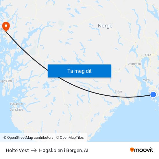 Holte Vest to Høgskolen i Bergen, AI map