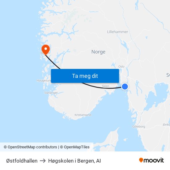 Østfoldhallen to Høgskolen i Bergen, AI map
