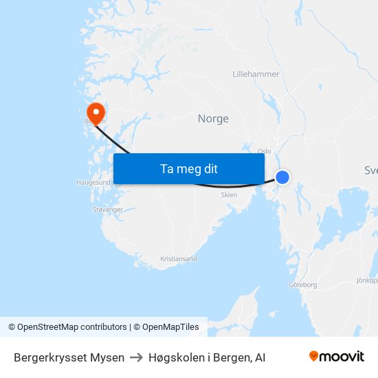 Bergerkrysset Mysen to Høgskolen i Bergen, AI map