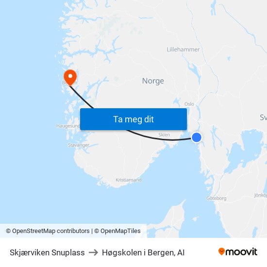 Skjærviken Snuplass to Høgskolen i Bergen, AI map