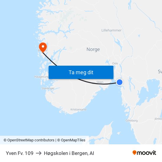 Yven Fv. 109 to Høgskolen i Bergen, AI map