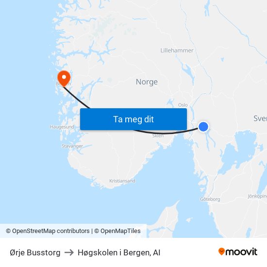 Ørje Busstorg to Høgskolen i Bergen, AI map