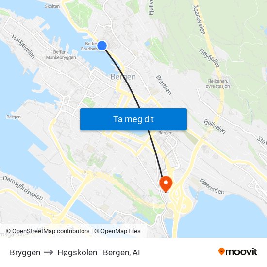 Bryggen to Høgskolen i Bergen, AI map
