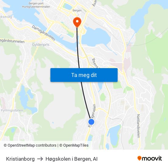 Kristianborg to Høgskolen i Bergen, AI map