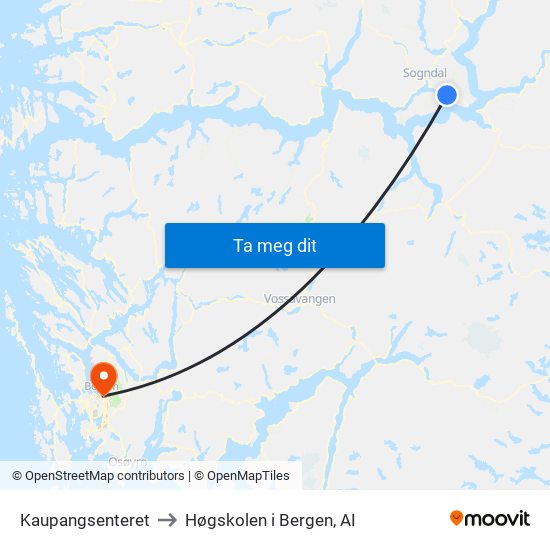 Kaupangsenteret to Høgskolen i Bergen, AI map