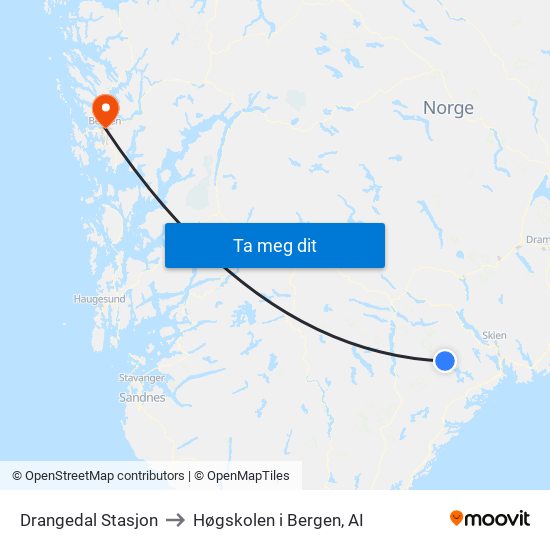 Drangedal Stasjon to Høgskolen i Bergen, AI map