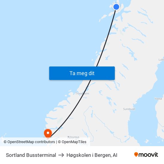 Sortland Bussterminal to Høgskolen i Bergen, AI map