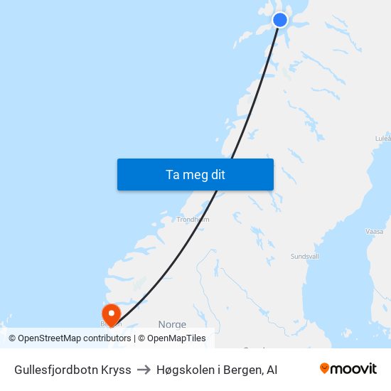 Gullesfjordbotn Kryss to Høgskolen i Bergen, AI map