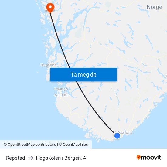 Repstad to Høgskolen i Bergen, AI map