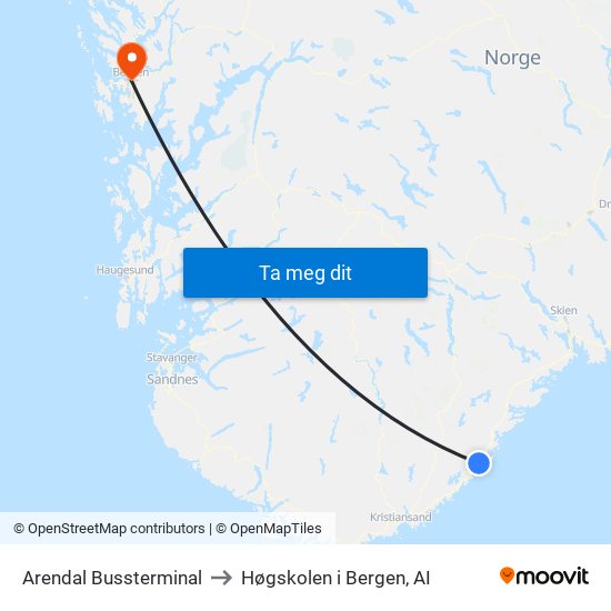 Arendal Bussterminal to Høgskolen i Bergen, AI map