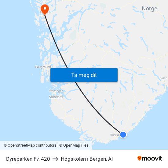 Dyreparken Fv. 420 to Høgskolen i Bergen, AI map