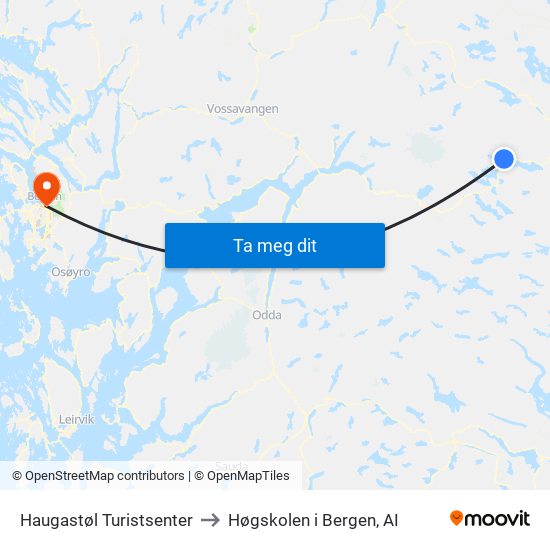 Haugastøl Turistsenter to Høgskolen i Bergen, AI map