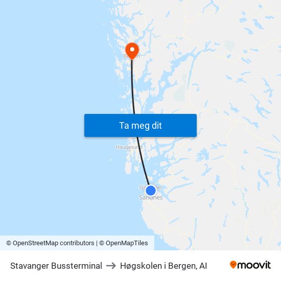 Stavanger Bussterminal to Høgskolen i Bergen, AI map