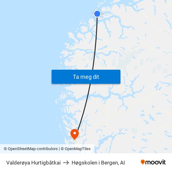 Valderøya Hurtigbåtkai to Høgskolen i Bergen, AI map