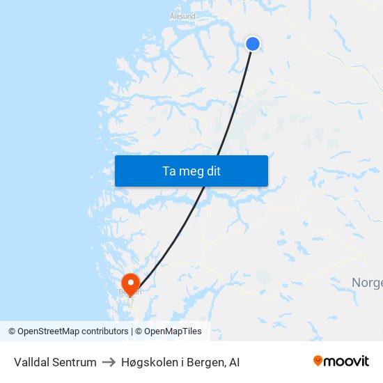 Valldal Sentrum to Høgskolen i Bergen, AI map