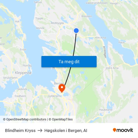 Blindheim Kryss to Høgskolen i Bergen, AI map