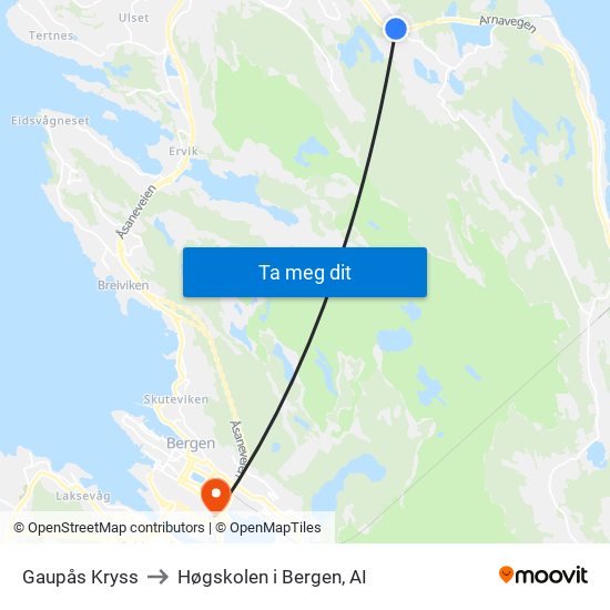 Gaupås Kryss to Høgskolen i Bergen, AI map