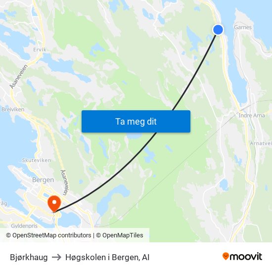 Bjørkhaug to Høgskolen i Bergen, AI map