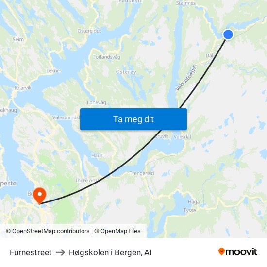 Furnestreet to Høgskolen i Bergen, AI map