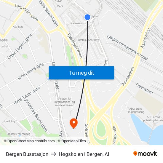 Bergen Busstasjon to Høgskolen i Bergen, AI map