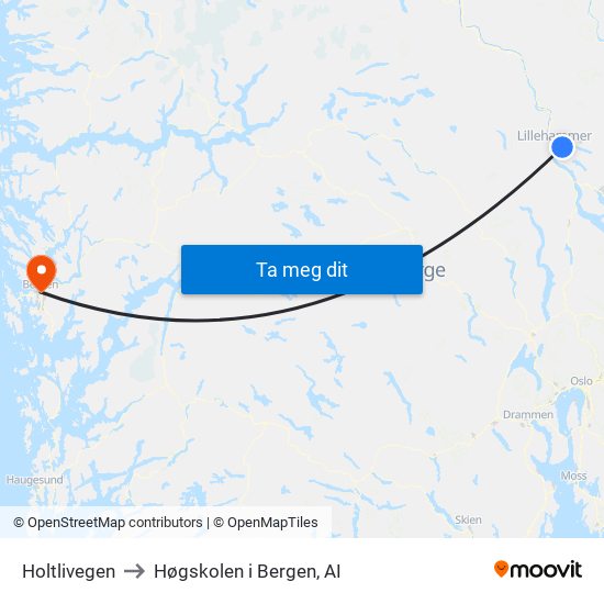 Holtlivegen to Høgskolen i Bergen, AI map