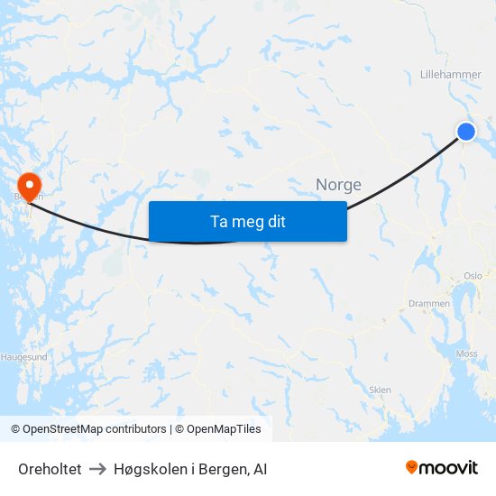 Oreholtet to Høgskolen i Bergen, AI map