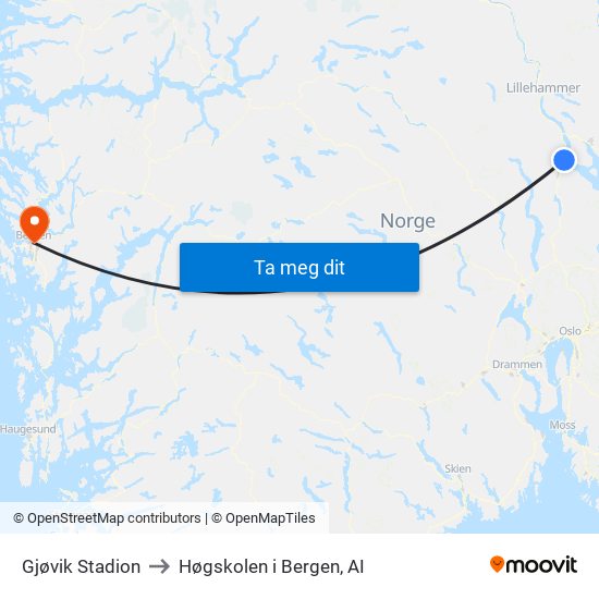 Gjøvik Stadion to Høgskolen i Bergen, AI map